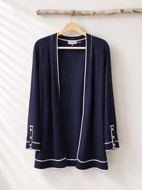 Calvin Klein Navy Open Front Cardigan White Trim Longline Minimalist Quiet Luxe